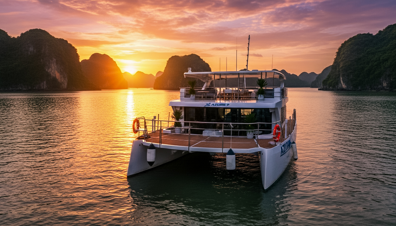 Boong tàu rộng rãi trên du thuyền Catamaran Azure 9 với tầm nhìn toàn cảnh Vịnh Hạ Long.